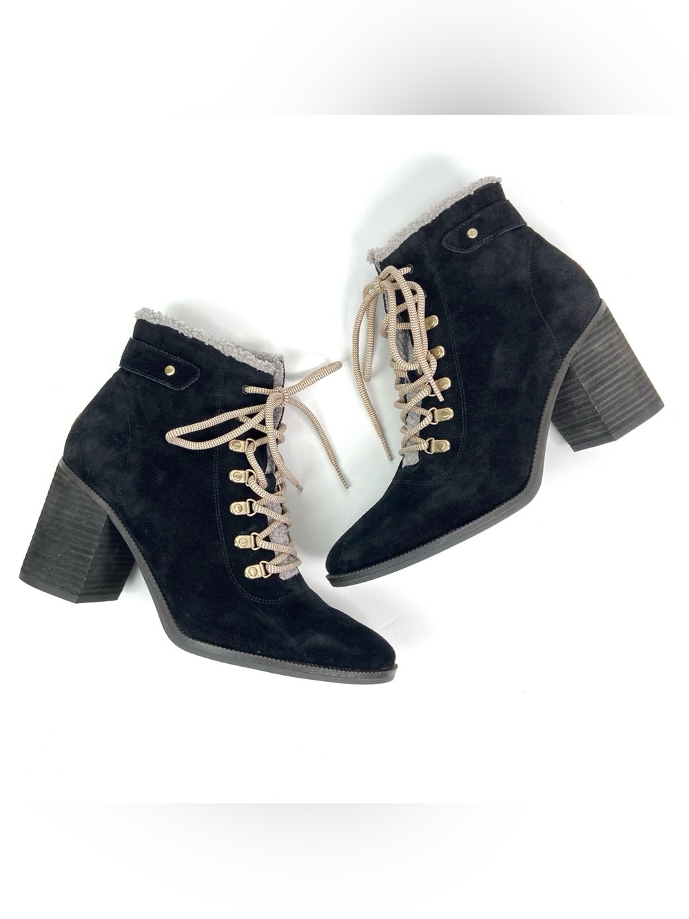 DR SCHOLLS Lace Up Suede Shearling Combat Loni Heeled Boot Black 11 Sherpa